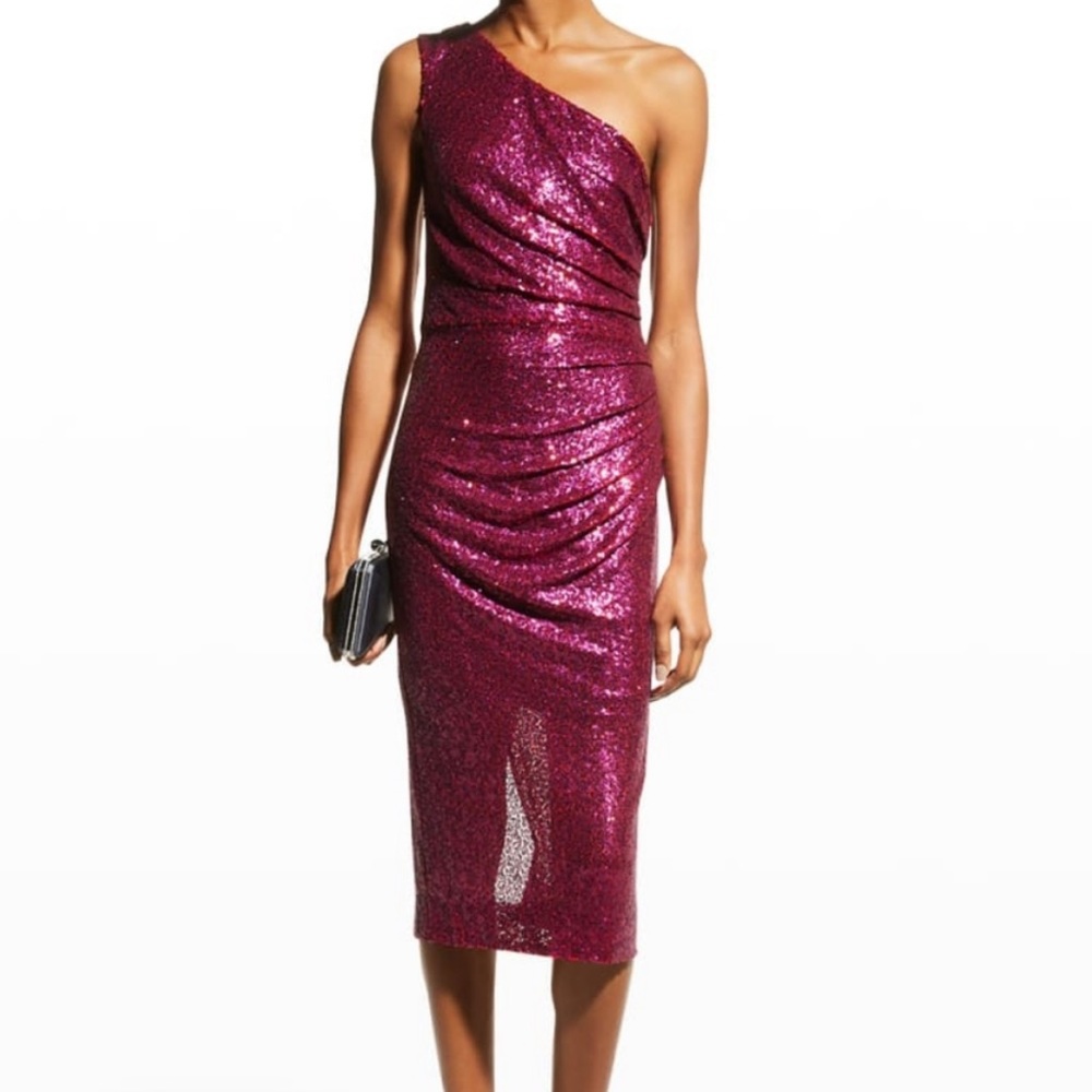 Dress the Population One-Shoulder Fuchsia Sequin Sheath Dress